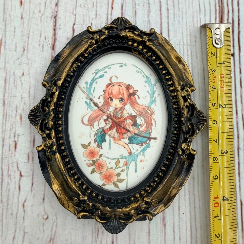Anime Chibi Girl Warrior Decoupage Art Print Ornate Gold Black Resin Oval Frame